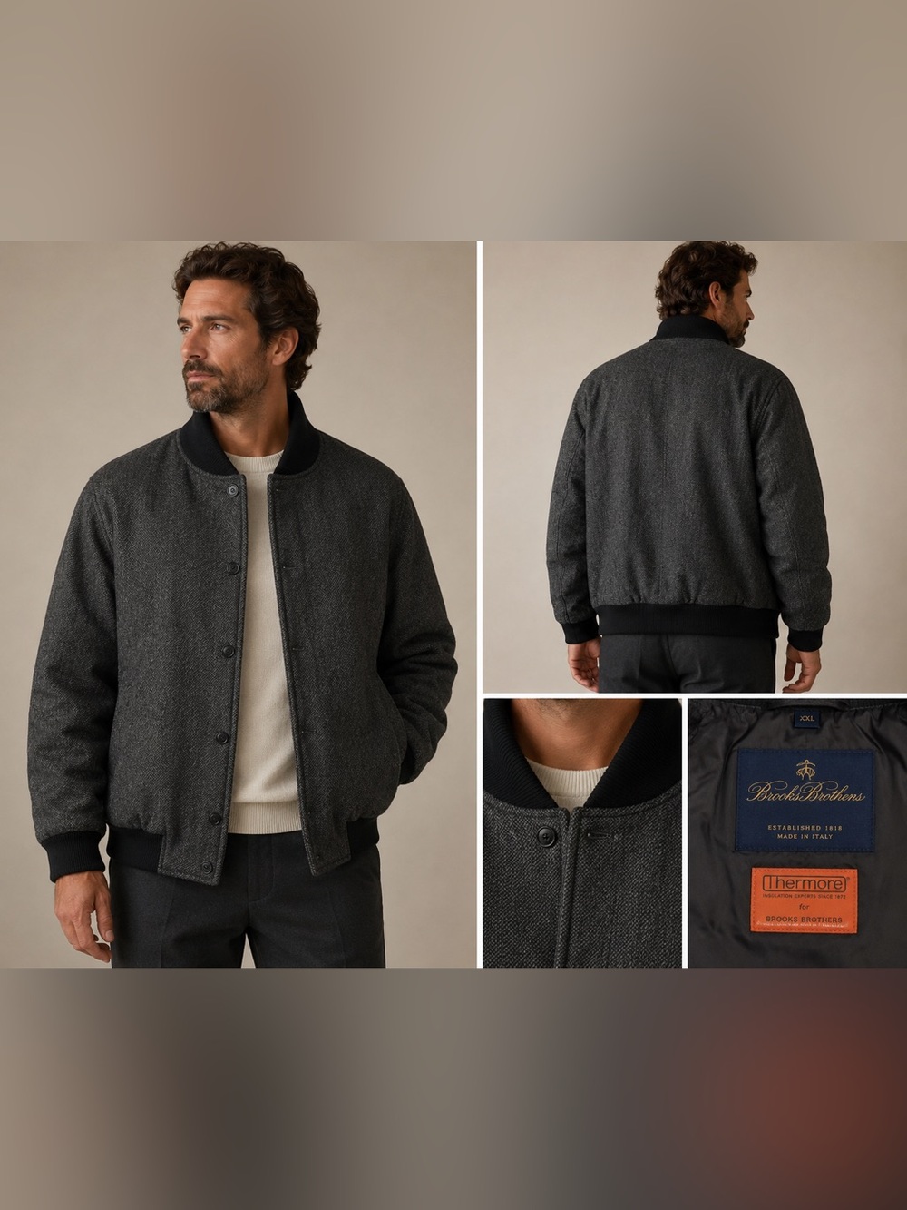 $998 Brooks Brothers‎ Lux ITALY Thermore Grey Wool Insulated Bomber Jacket XXL